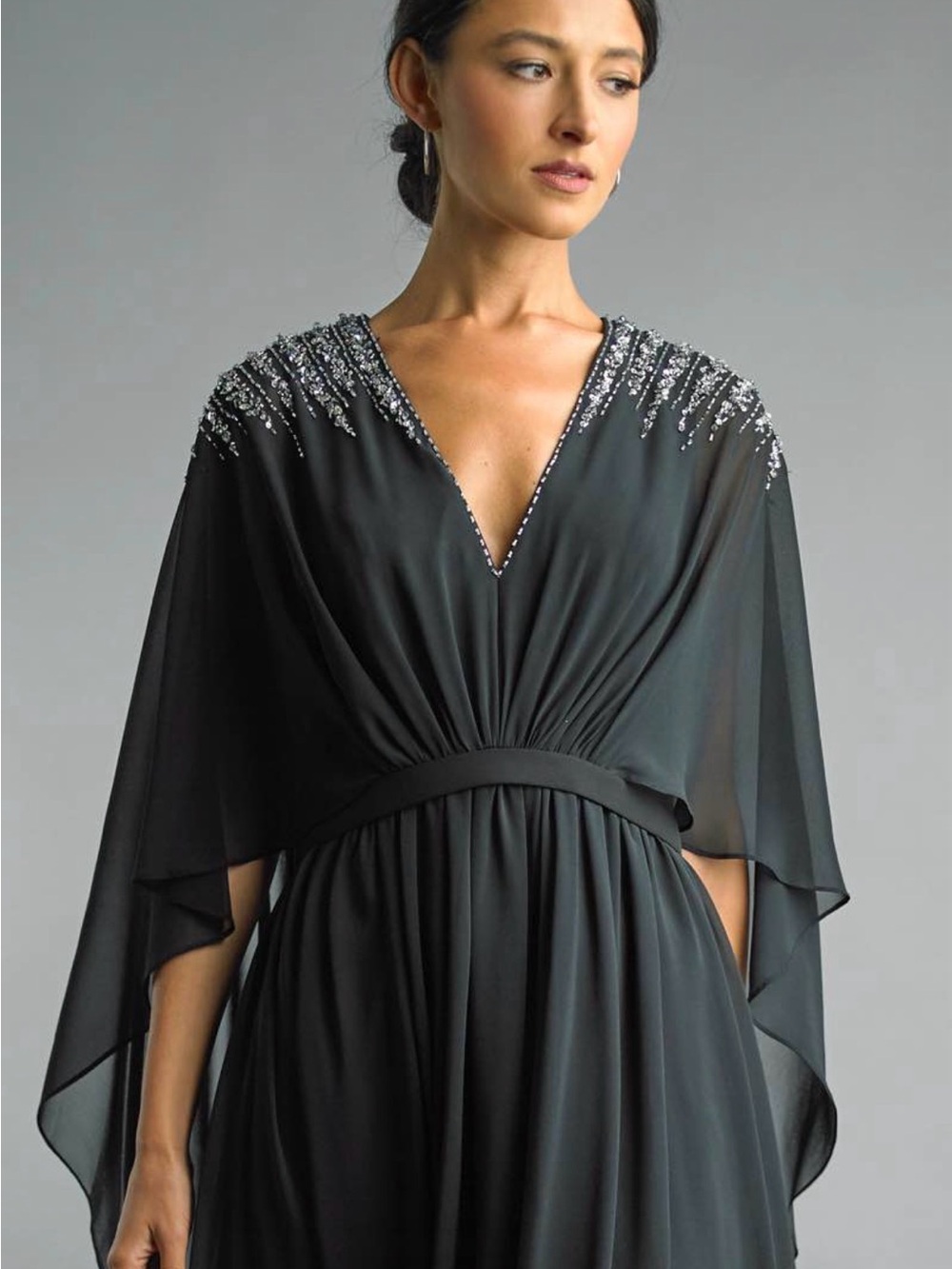 Atmosphere Black V-Neck Long-Sleeve Beaded Evening Dress